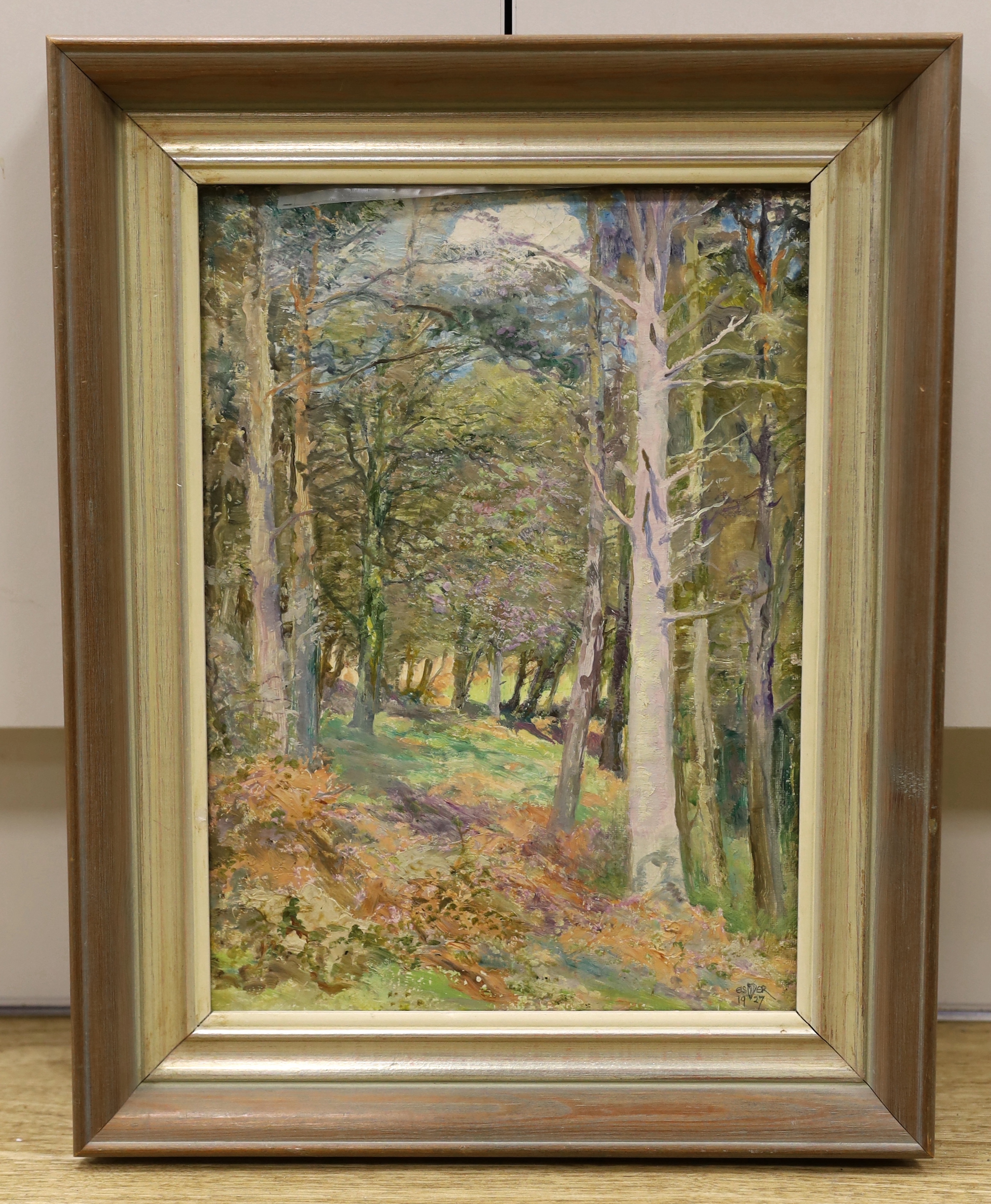 Edward Steel Harper (1878-1951) ‘A Woodland, New Radnor’, oil on canvas laid on board, signed and dated 1927, label verso, 24cm x 32.5cm